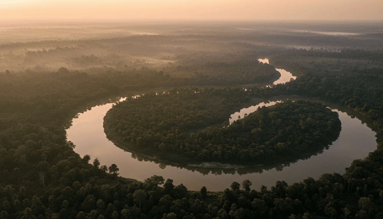 The Mekong River winding through forested mountains