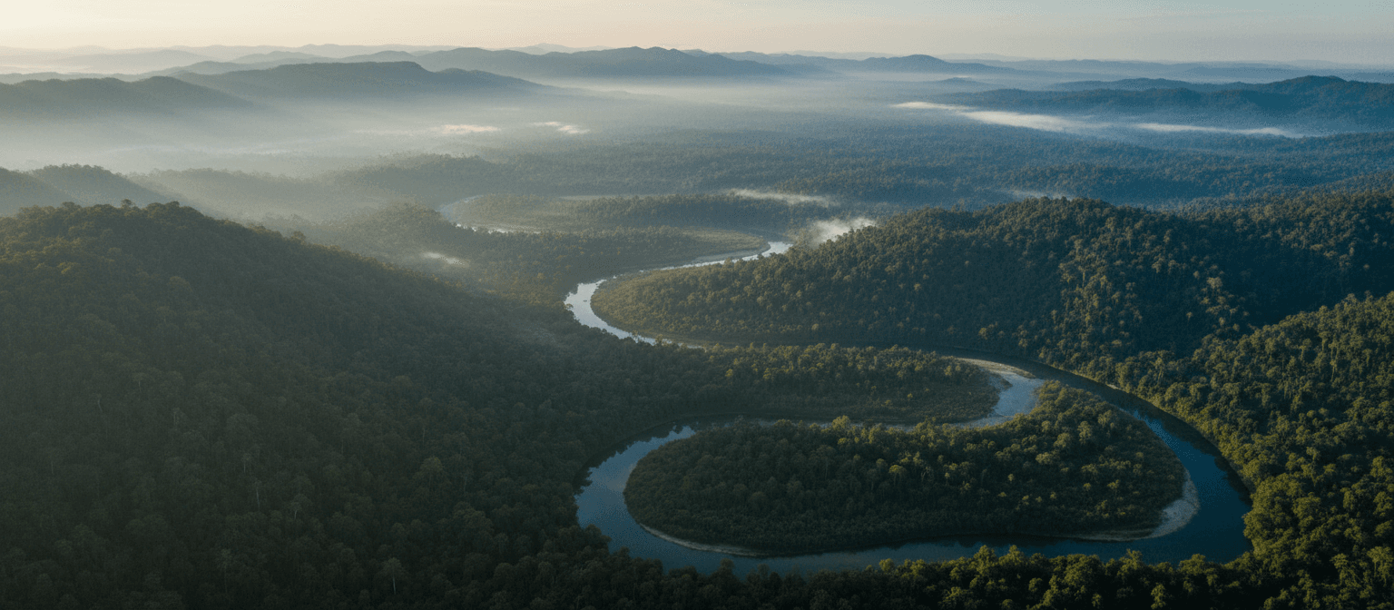 The Annamite mountain range at dawn, with a river winding through misted forest